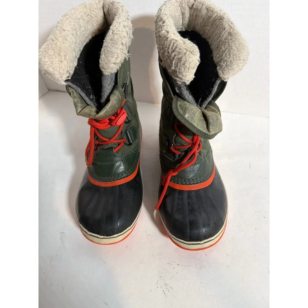 Sorel Yoot Pac Nylon Waterproof Winter Boots Olive Green Orange NY1879-347 Sz 5
